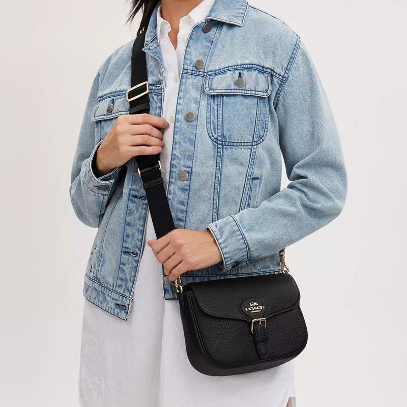 Coach Amelia 23 Logo Gold Hardware Soft Pebbled Leather Crossbody Bag Medium Women's Black