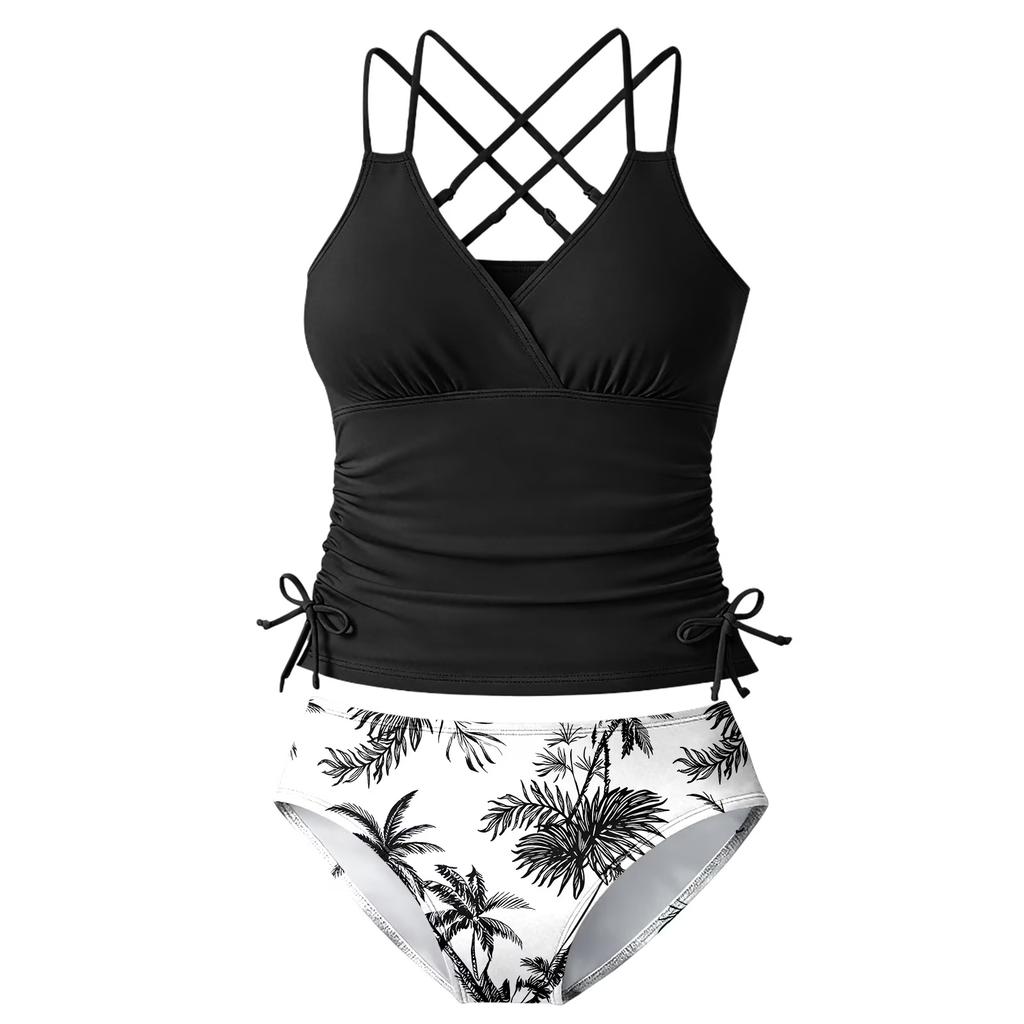 Girls Two Piece Swimsuit Tankini Set Adjustable Straps Palm Leaf Print Bottoms Summer Beach Swimwear for Kids