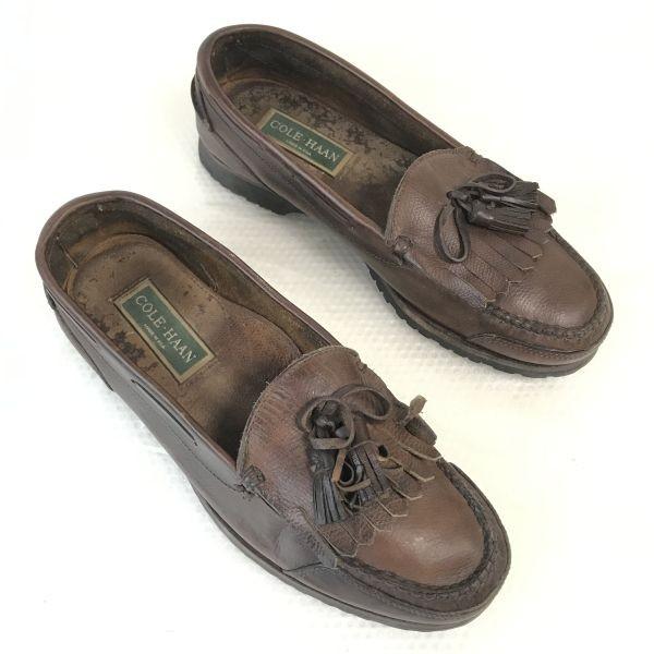 Vintage 80s-90s COLE HAAN Leather Kilt Tassel Loafers Size 27.0-28.0cm Brown Dress Shoes(USED)