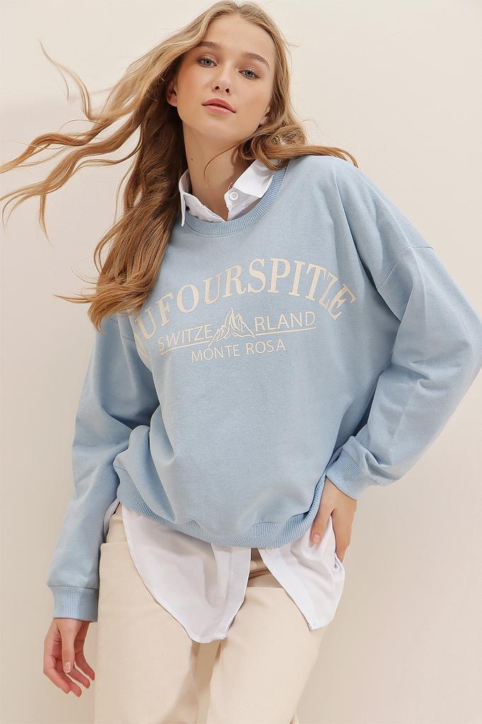 Women's Sweatshirt New Season Fashion Black Crew Neck Text Printed Oversize Sweatshirt