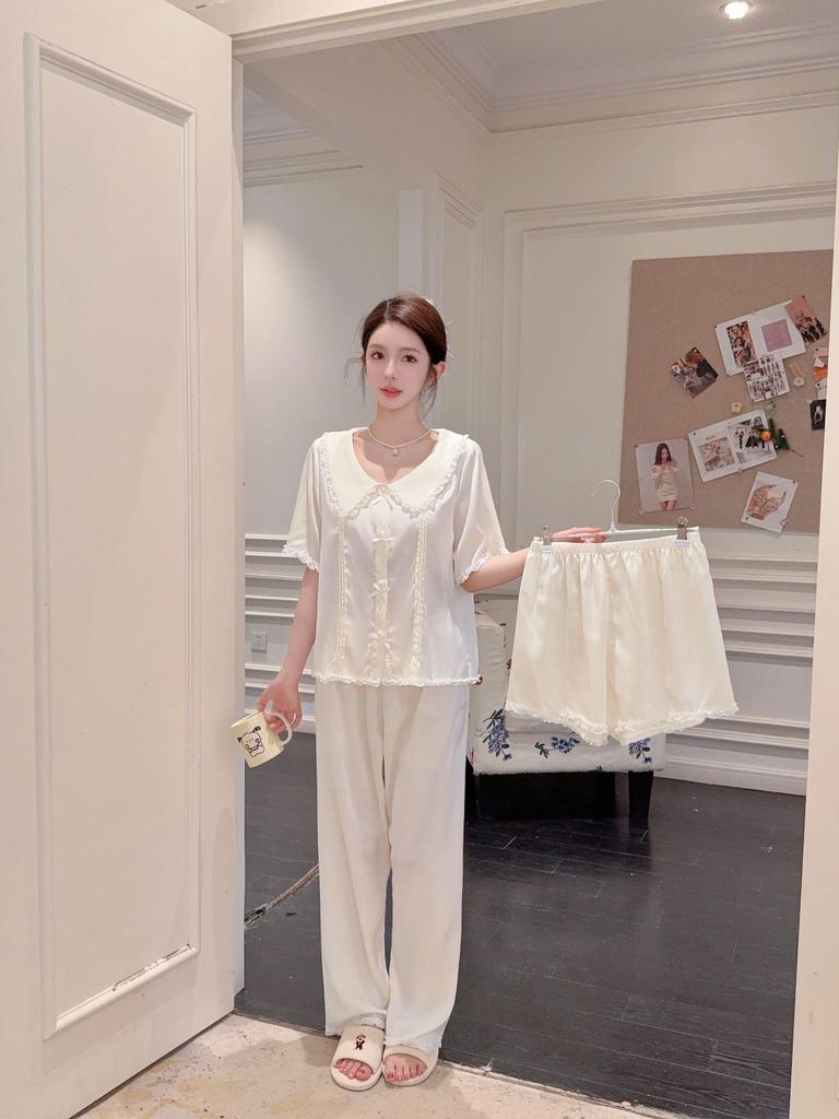 1011 New Pajamas Women's Summer Ice Silk Short-sleeved Trousers Set Unique and Beautiful Korean Girl Loungewear