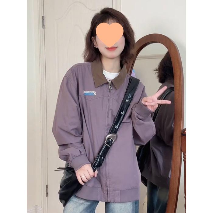 Women s Retro Embroidered Purple Baseball Jacket - Petite Autumn 2025 Collection Small