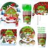 Christmas Themed Party Decor Banners Tablecloths Paper Plates Cups Balloons Set Checkered Christmas Santa Claus Reindeer Snowmen