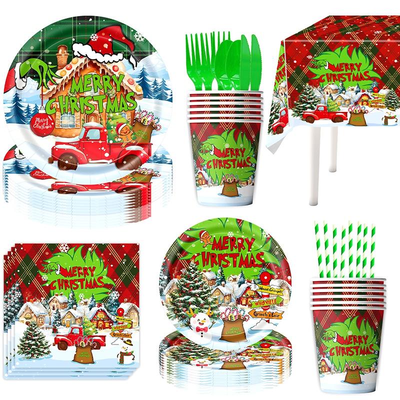 Christmas Themed Party Decor Banners Tablecloths Paper Plates Cups Balloons Set Checkered Christmas Santa Claus Reindeer Snowmen