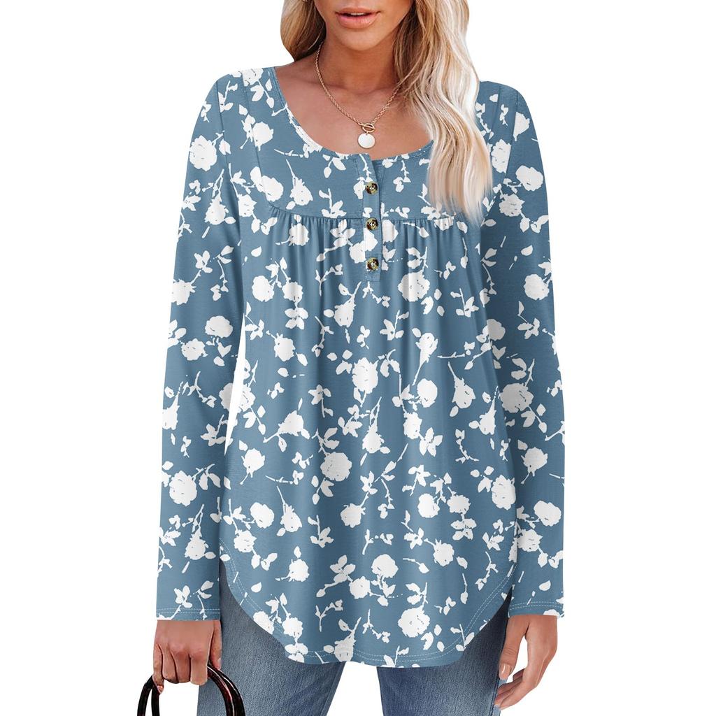 Women's Long Sleeve Tunic Loose Tops Casual Oversized Tops Pleated Tunic Button Down Casual Women's Print Tops