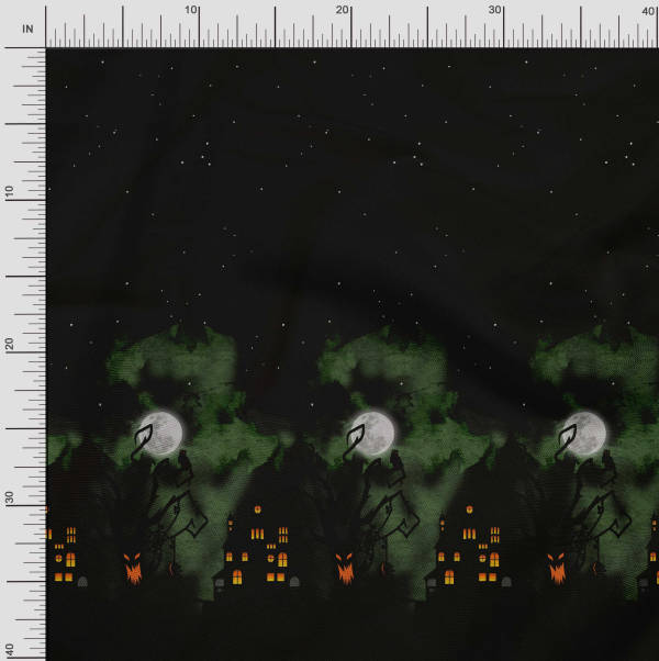 Soimoi Japan Crepe Satin Fabric Tree|Moon & Haunted House Panel Printed Craft Fabric by the Metre 42 Inch