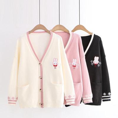 Women Girl Sweater Knitted Coat Jacket Cardigan Jumper Cute Bunny Pink Outwear