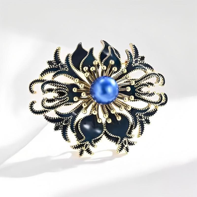 Retro Blå Brosje i Hoffstil, Eksklusiv Damebrosje med Luksuriøse og Elegante Perler, Brosje med Nisjedesign