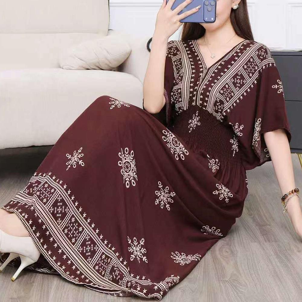 25th Anniversary Ethnic V-Neck Rayon Short Sleeve French-Thai Print Holiday Dress for Women