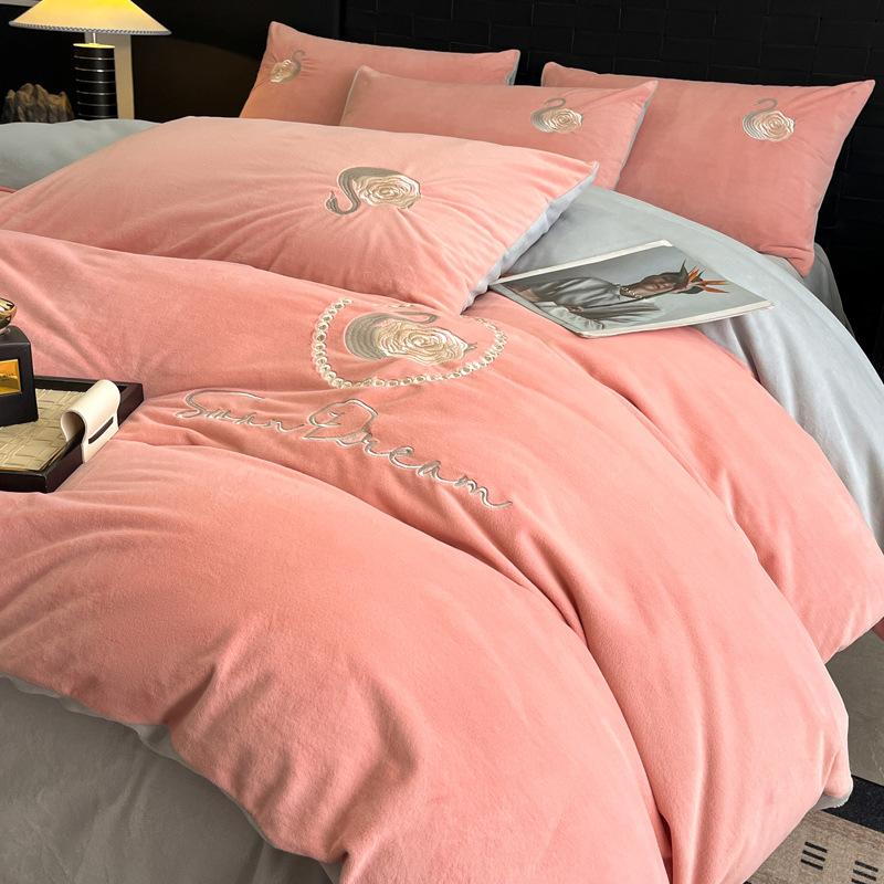 Thickened Milk Fleece Four-Piece Set, Coral Double-Sided Fleece Embroidered Crystal Fleece Quilt Cover, Bed Sheet, Bed Hat Three-Piece Set