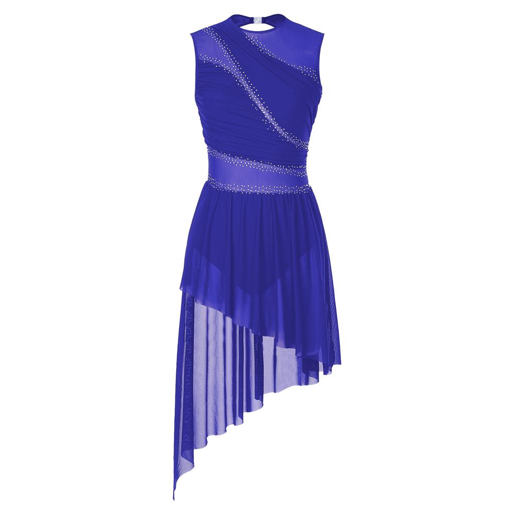 Womens Shiny Rhinestone Sheer Mesh Dress Open Back Asymmetrical Hem Sleeveless Dress Figure Skating Dance Performance