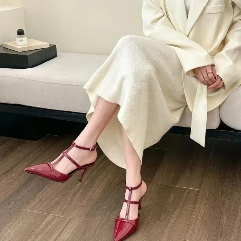 Shoes Heels Blue Pumps 2024 Pointed Wedge Sandals Ladies Slingback Orange Retro Straps Beige Latest Low Casual Women Shoes Pumps