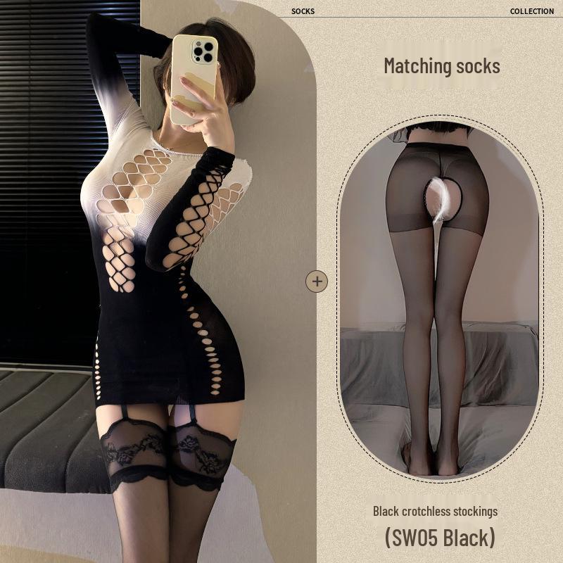 Colorful Gradient Mesh Suspender Skirt with Open Crotch and Hollow Design