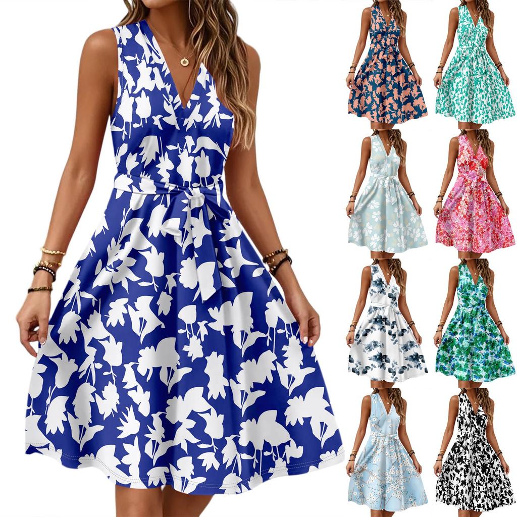 Dame Vår- og Sommer Casual V-hals Ermeløs Midje Blomstertrykk Midi Kjole