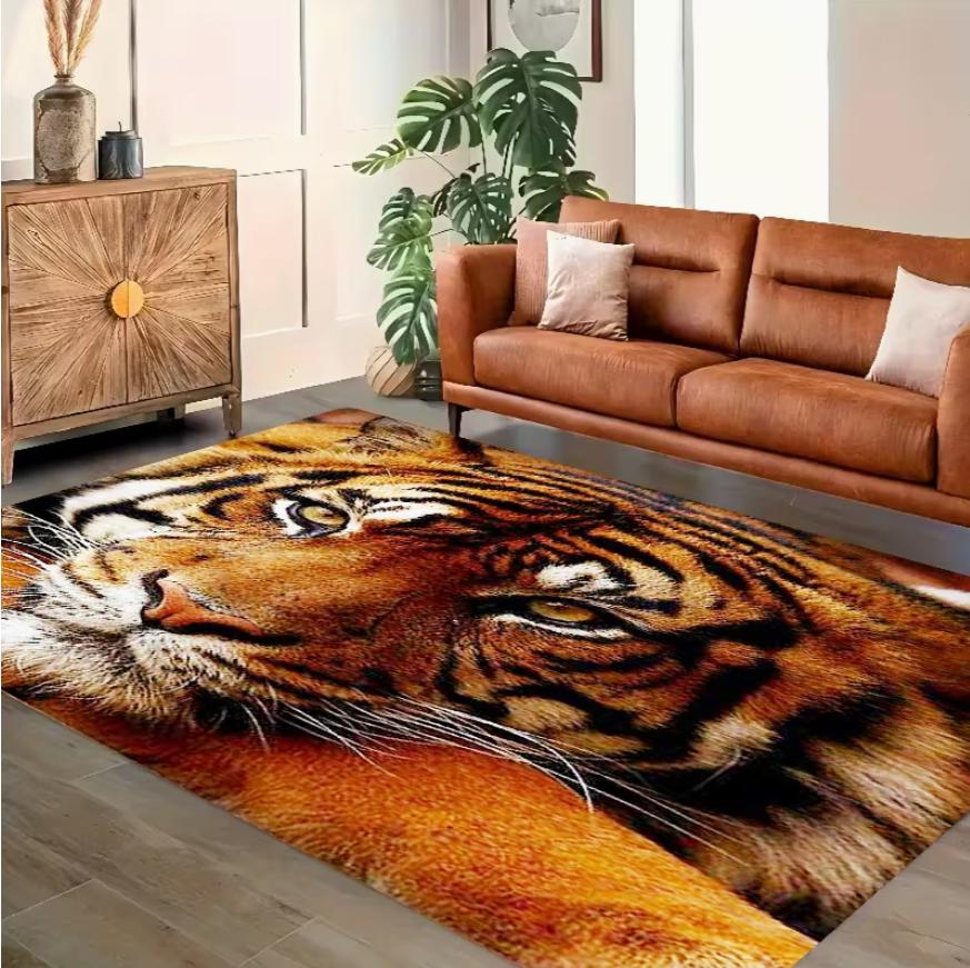 Living Room Rug Cute Tiger Face Realistic Style Theme Carpet Non-Slip Soft Easy Clean Wild Healing Personalized Home Decor Mat