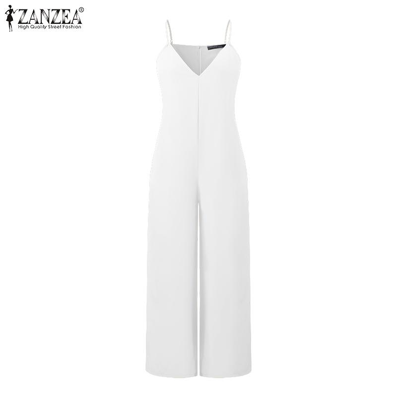 ZANZEA Damskie kombinezony vintage z dekoltem w serek, bez rękawów, kieszeniami i szerokimi nogawkami