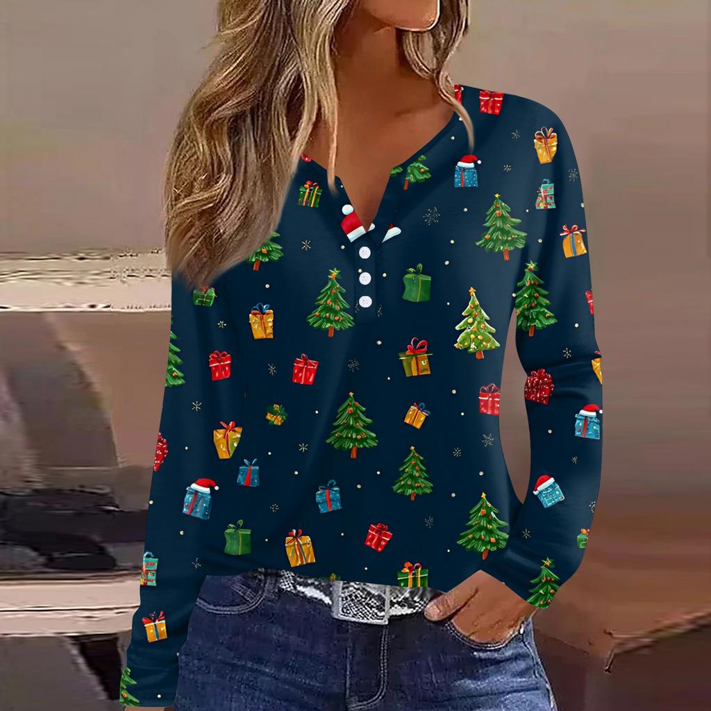 Women's T Shirt Tee Christmas Printed Button Long Sleeve Tunic Daily Weekend Fashion Basic V- Neck Regular Top