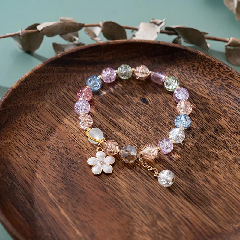 

Romantic Colorful Crystal Enamel Flower Charm Pendant Bracelet Sweet Handamde Ice Crackle Glass Beaded Bangle Great Jewelry Gift
