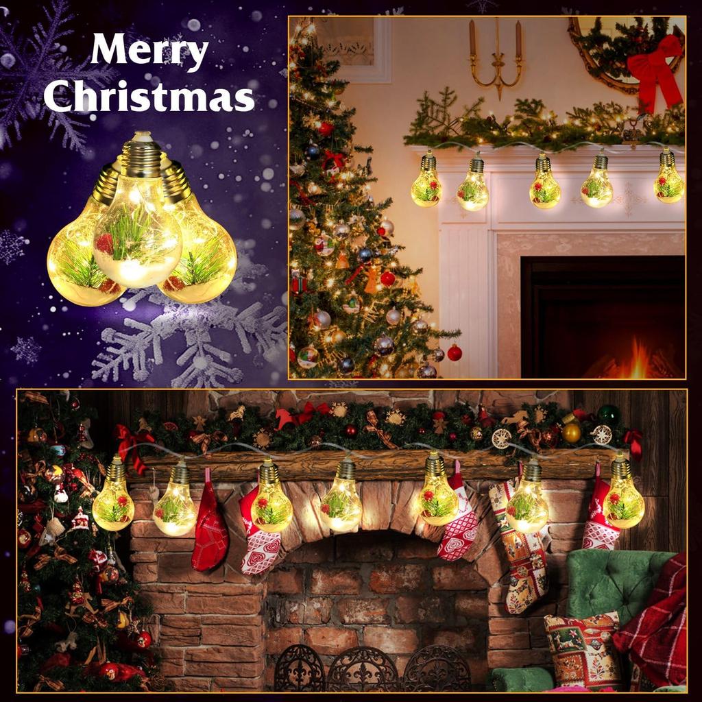 13.78FT Christmas Snow Globe Lights, 10 LED Bulbs Lights for Christmas Tree, Battery Powered String Lights with Pine Needles, Snow & Berries, for