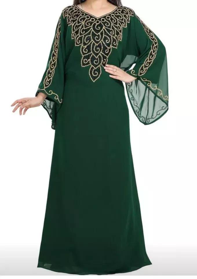 Grünes neues marokkanisches Farasha-Kaftan-Kleid aus Dubai, stilvolles Georgette-Abaya-Kleid