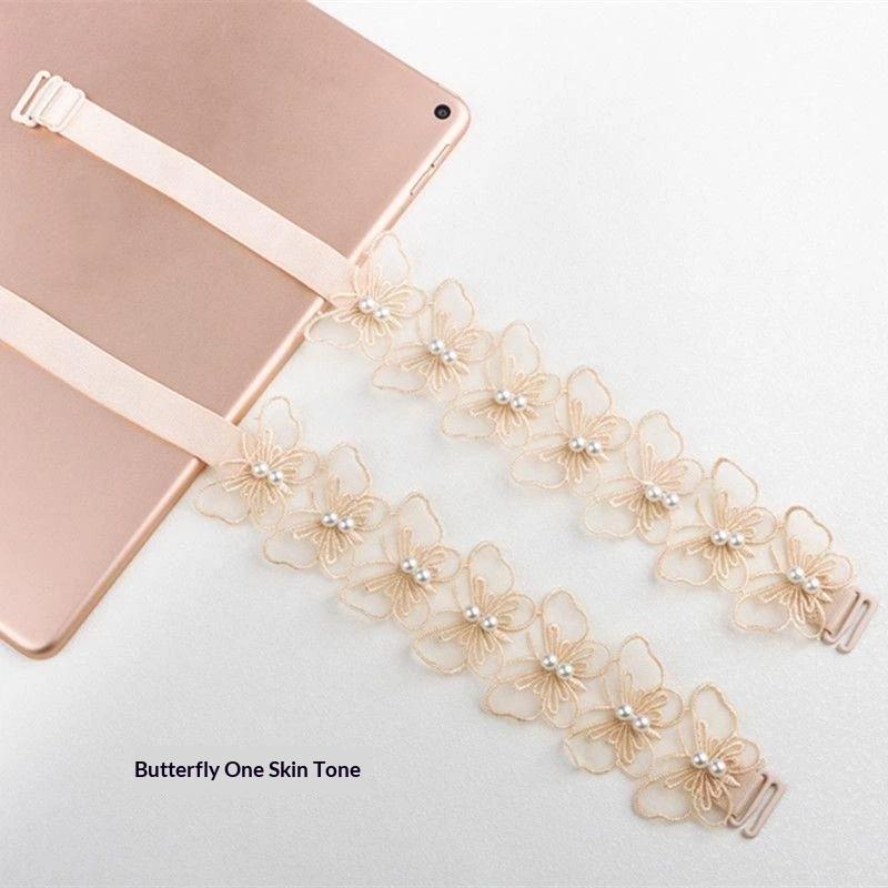Lace Butterfly Bra Straps 1 Pair Faux Pearl Adjustable Buckle Non-slip for Backless Cocktail Dress Party