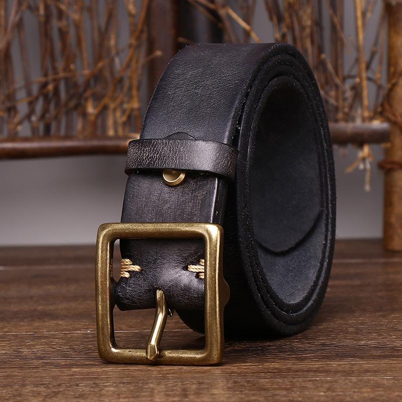 New Retro Fashion Personality Trend Old Pure Cowhide Belt Men'S Genuine Leather Copper Buckle Korean Version Casual Denim Belt