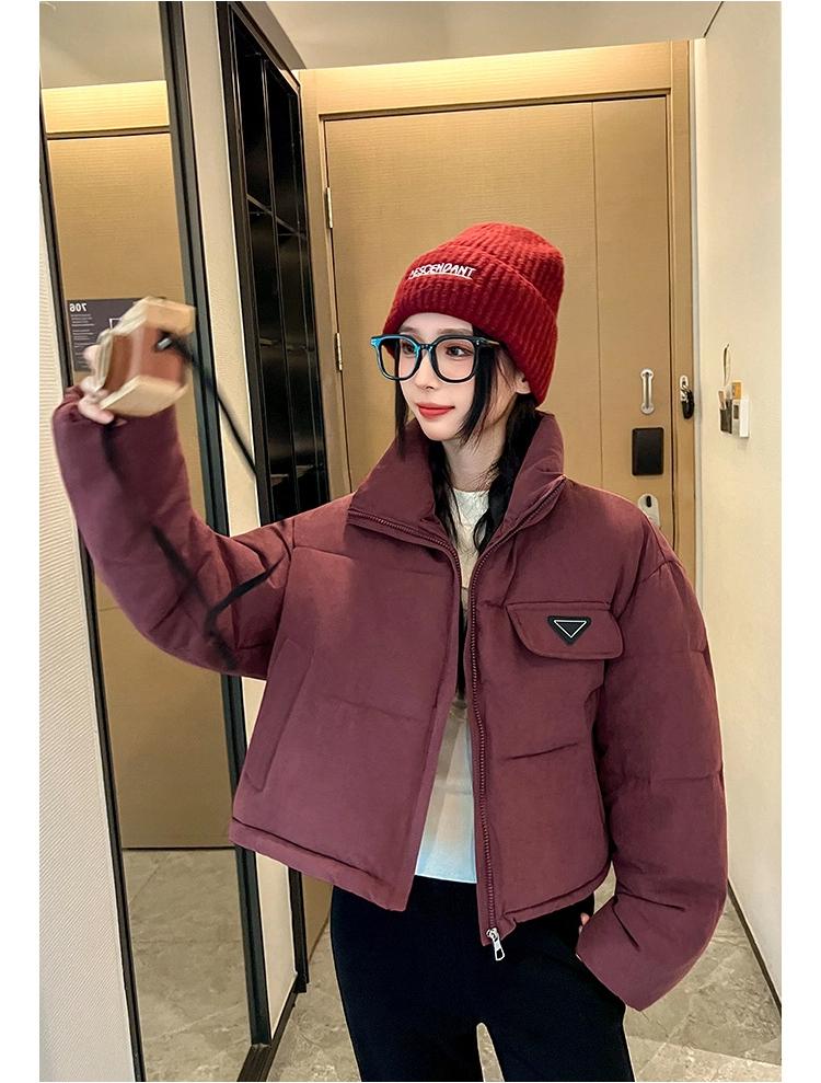 Short Stand Collar Loose Warm Coat Basic Jacket with Adjustable Hem