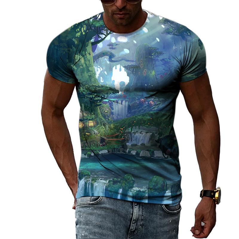 Summer Boys Cartoon Landscape Hand Painted Graphic T Shirts Men Casual 3D Taste Kawaii Printed Round Neck Short Sleeve Tees Tops