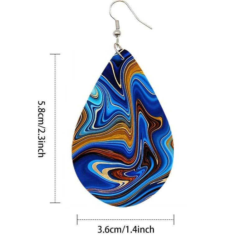 1pair Double-sided Printed Wooden Droplet Shaped Ear Drop Earrings, Suitable For Women's Daily Wear KTJ