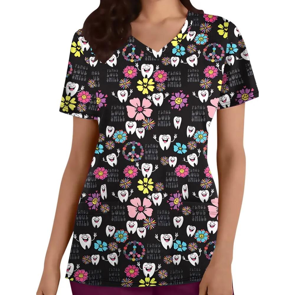 Surgical Uniforms Woman Dental Tool Patterns Health Care Scrub Uniform Fashion V-Neck Short Sleeve Tee Tops Oral Medical Clothes