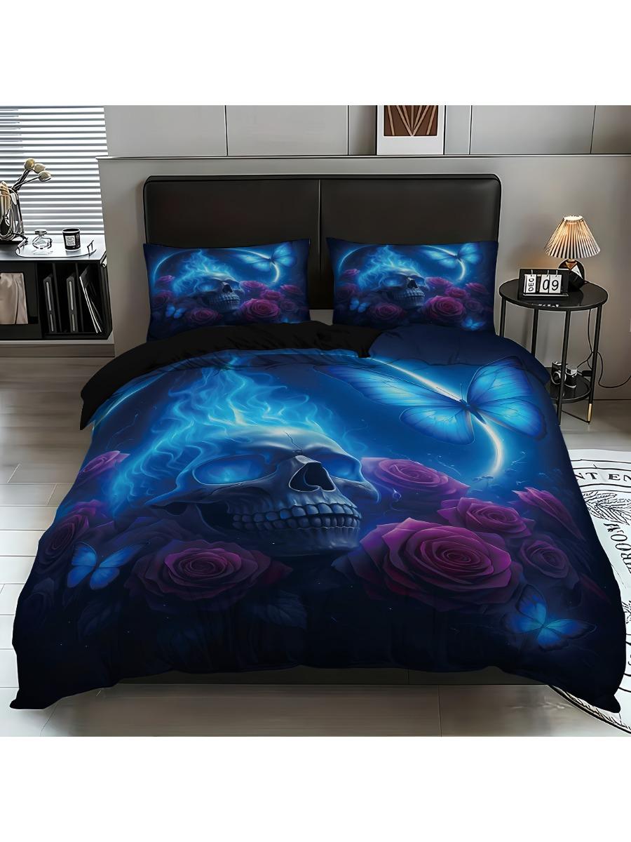 

3PC Halloween Skull Printed Bedding Set for Four Seasons Coreless Soft Comfortable Multiple Sizes, Machine Washable 140x210cm-AU-Single&set