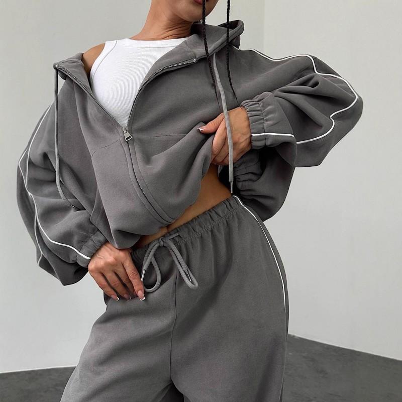 Casual Suit Women's Hooded Laced Cardigan Elastic Trousers Two-piece Set