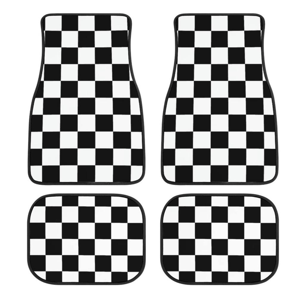 Tappetini Auto a Quadri da Corsa Set di 4, Tappeti Auto Geometrici a Scacchi Anteriori Posteriori, Accessori Auto Universali,