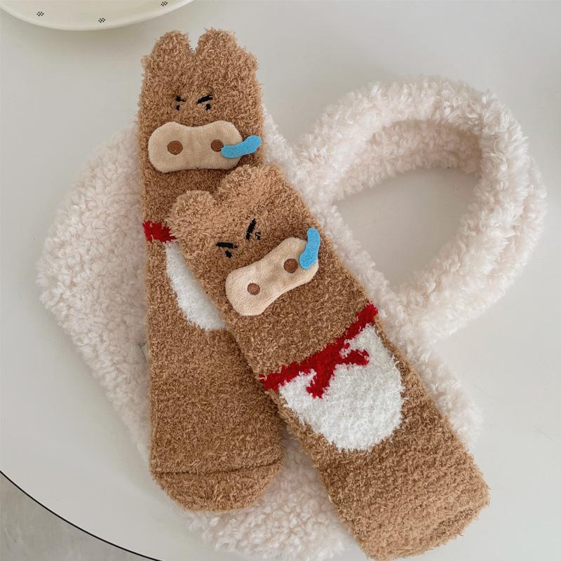 Winter Warm Thick Socks Female Cartoon Piggy Coral Fleece Medium Tube Socks Can Be Home Sleeping Socks