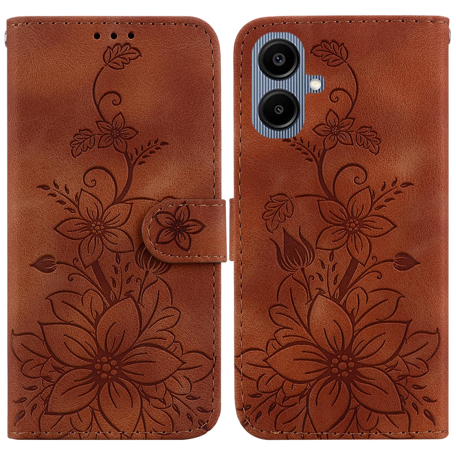 

For Samsung Galaxy A07 5G Stand Case Lily Flower Imprint Leather Phone Cover with Wrist Strap Brown