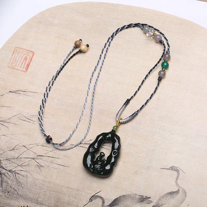 Hand-Woven Hetian Jade Pendant with Adjustable Beaded Lanyard in Chinese Style