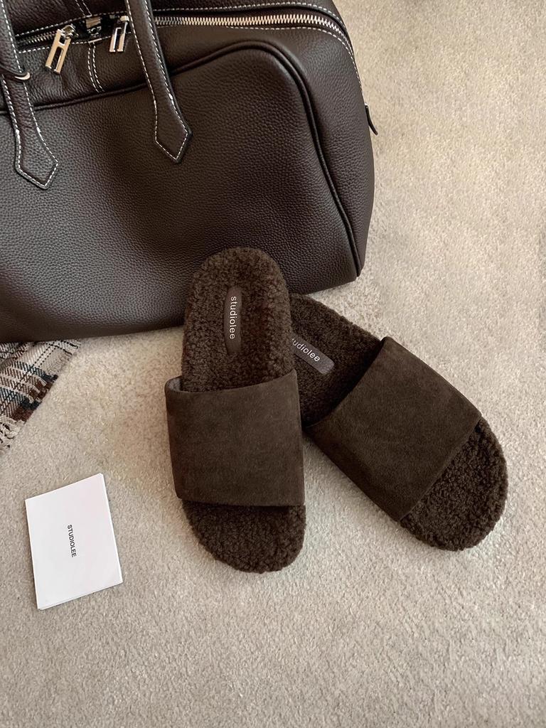 Sheepskin version~ New outer wear matte leather one-pedal fluffy shoes women's leather versatile thick-soled comfortable open-toed sandals