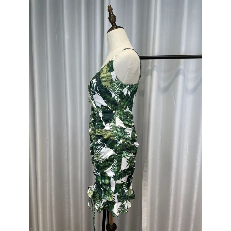 Original Fashionnova Vacation Style Chic and Beautiful Green Leaves Ruched Waist Trimming Spaghetti Straps Dress Women