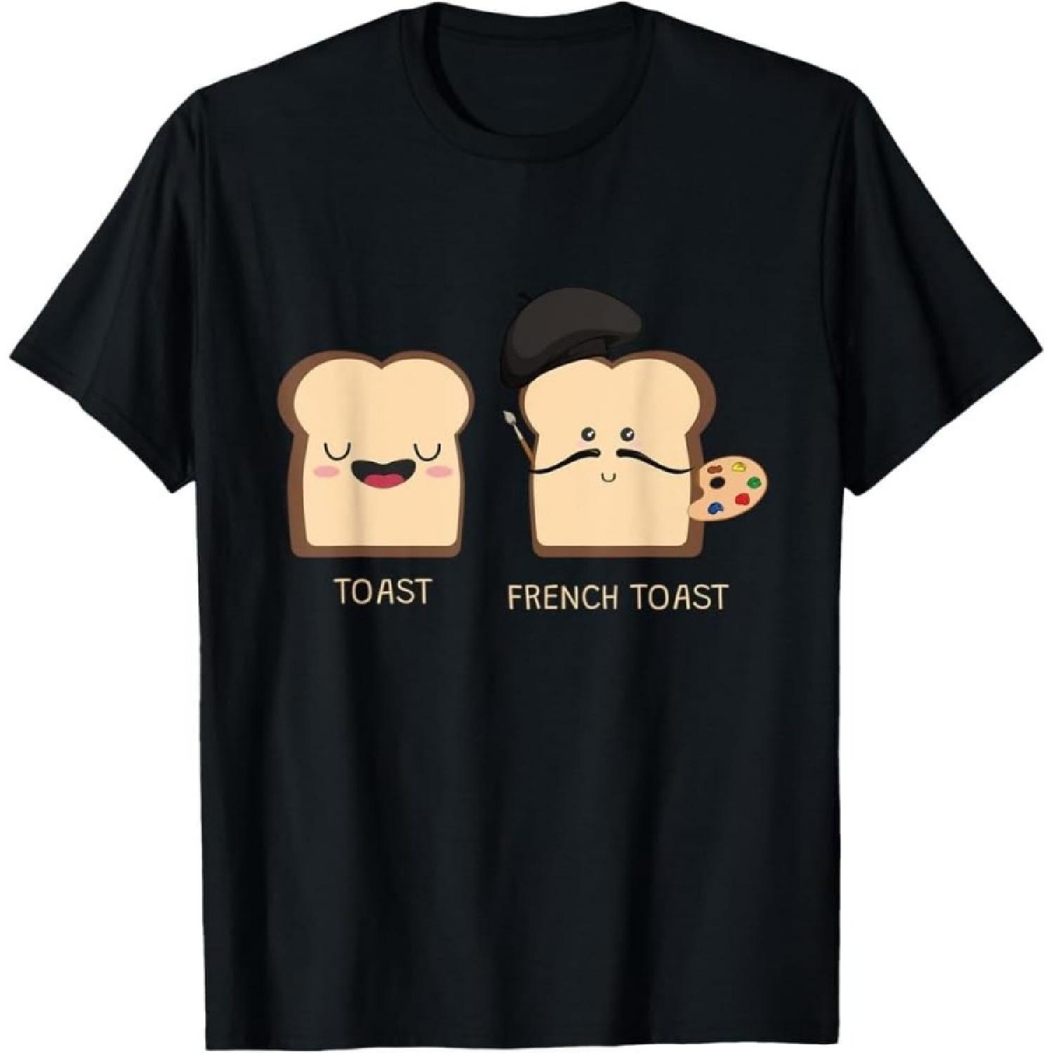 Funny Artist French Toast & Regular Toast Print Black T-Shirt – Short Sleeve Casual Tee for Men & Women S
