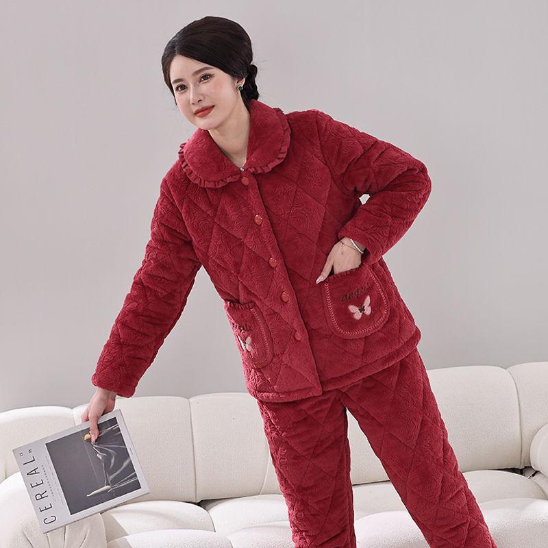 Damen Winter Korallfleece Gesteppter Pyjama - Dickes Flanell Warmes Hausanzug-Set für Mittelalte und Ältere Mütter