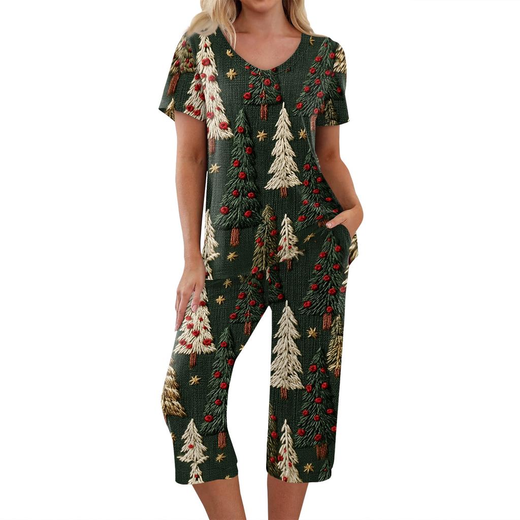 Women's Two-Piece Outfit Set with Christmas Print Short Sleeve Top and Pants