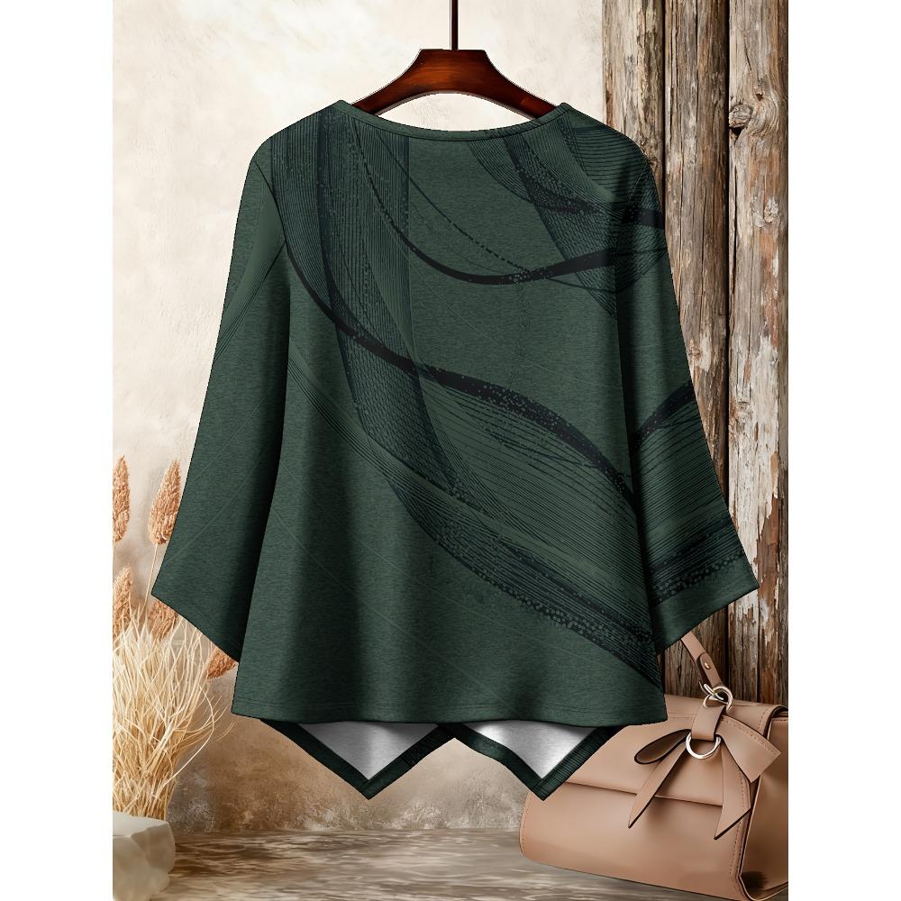 Large size women's clothing comfortable and breathable casual T-shirt, abstract line printing round neck seven