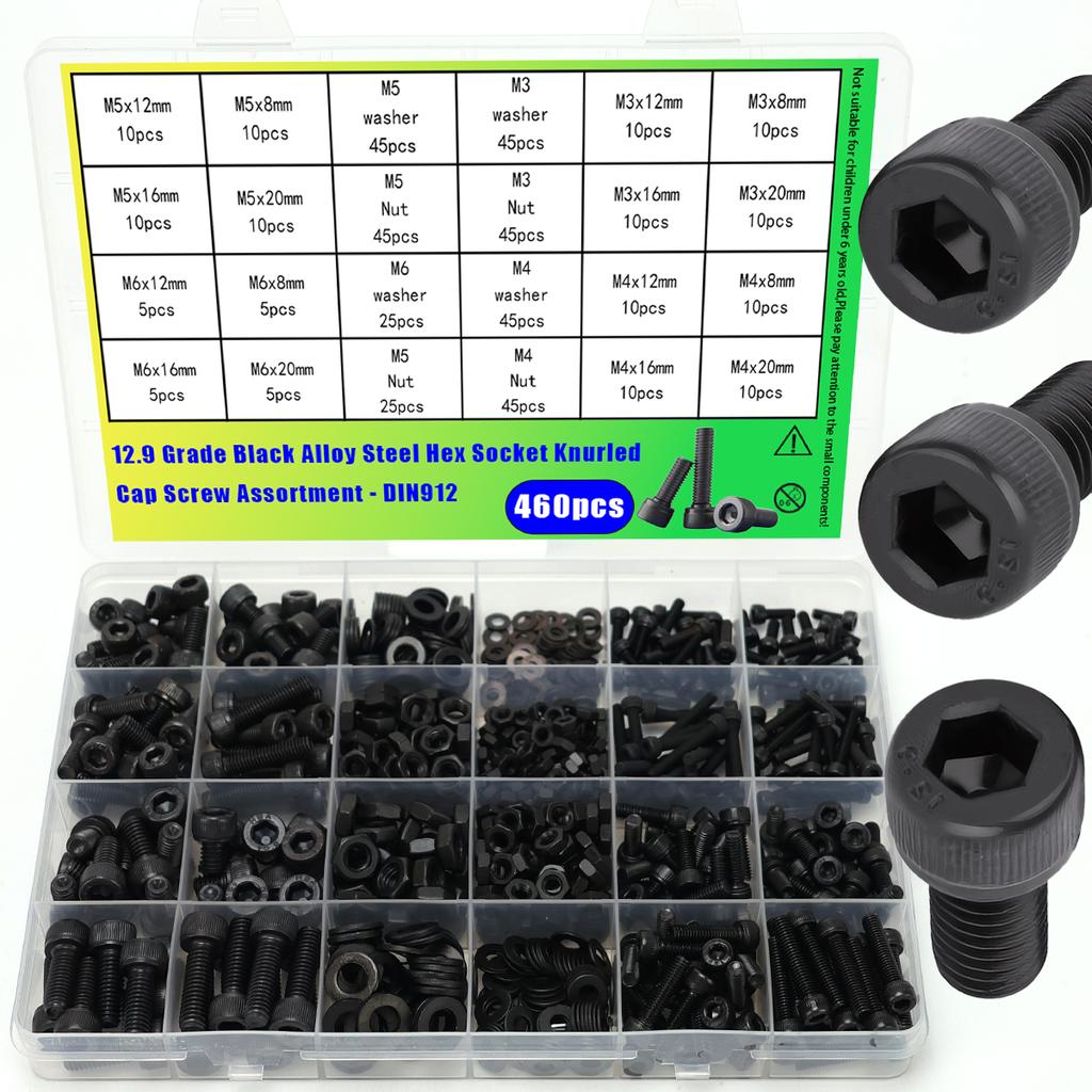 460pcs 12.9 grade black carbon steel knurled socket head cap screw set, DIN912 M3 M4 M5 M6 nuts and washers, for machinery.