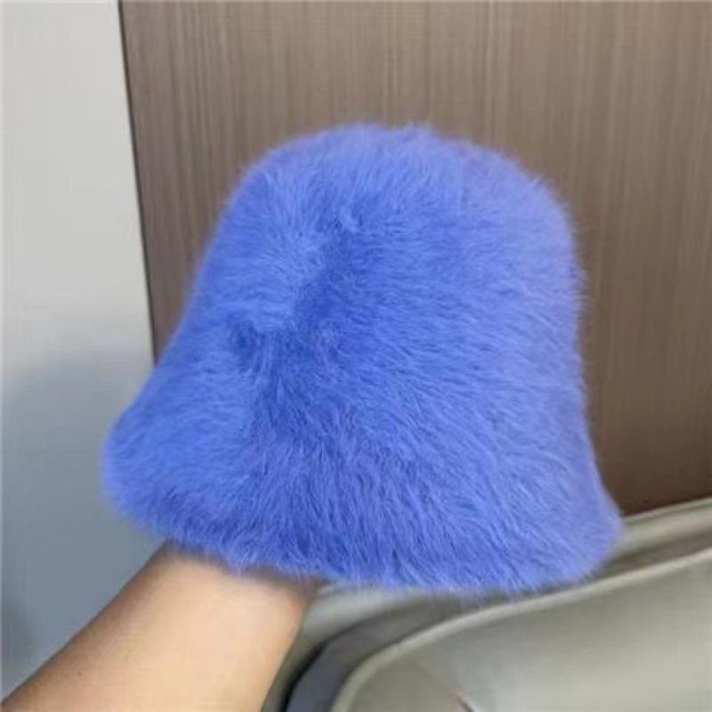 

Шапка-рыболов из меха кролика для женщин на осень-зиму, большая окружность головы для женщин, плюшевая, высокого класса, подчеркивающая маленькое лицо, белая шляпа-ведро M（56-58cm） синий