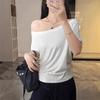 Cotton, One-word Shoulder Dew Slanted Shoulder Blue Loose Short-sleeved T Women's Outer Wear Summer New Shoulder Design Top
