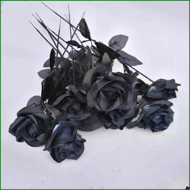 10Pcs/Set Artificial Black Single Rose Bouquet Halloween Ghost Festival Horror Gothic Style Dark Series Decorative FakeFlowers