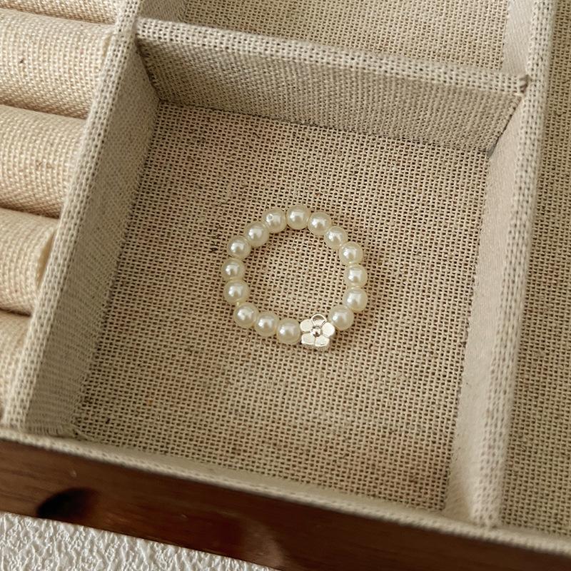 Pearl Beaded Ring Women's Elastic Rope Literary Stacking Index Finger Ring High-end Handmade Ring Jewelry