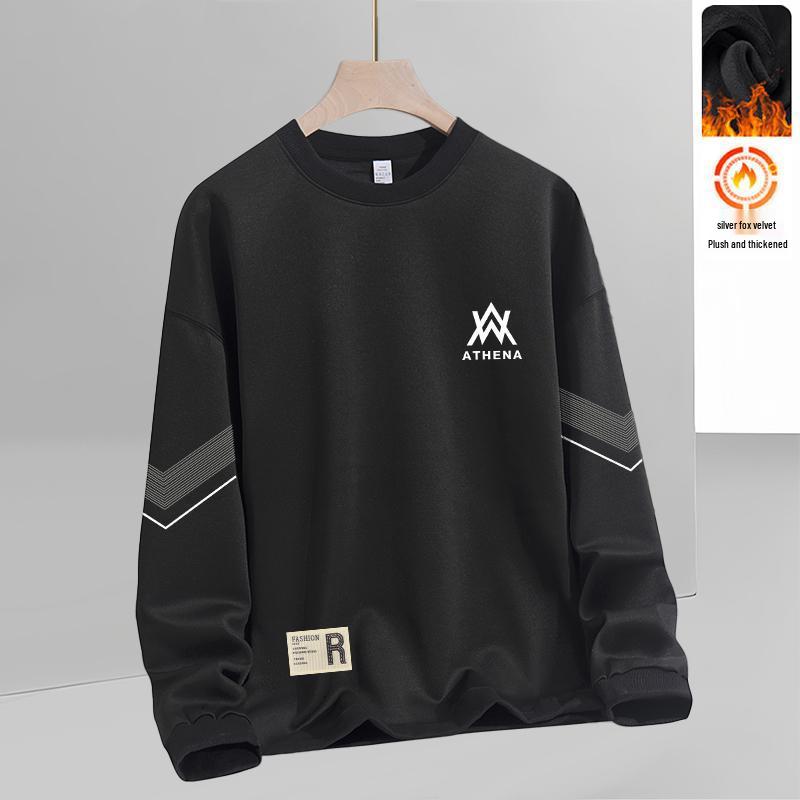 Men's Loose Round Neck Plus Velvet Long Sleeve Pullover for Autumn and Winter