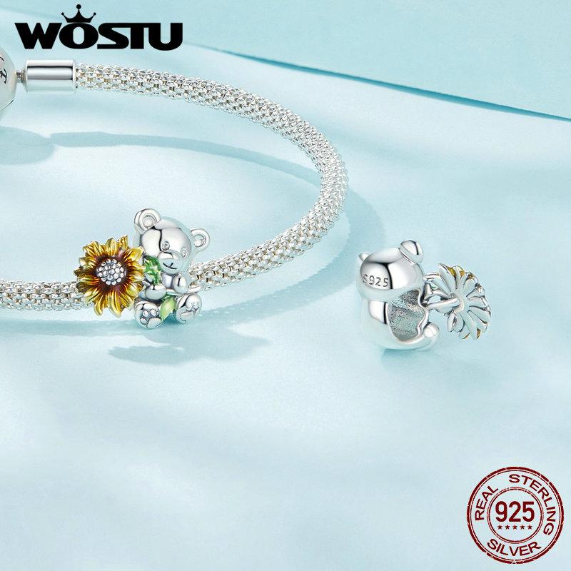 WOSTU 925 Sterling Silver Animal Charm Beads for Charm Bracelet Sunshine Bear DIY Jewelry