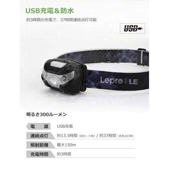 Lepro Headlight Rechargeable 300lm High Brightness LED Fishing Headlamp USB-C Charging Climbing White Red Light5 Lighting Modes 3 Hours Full Charge 37